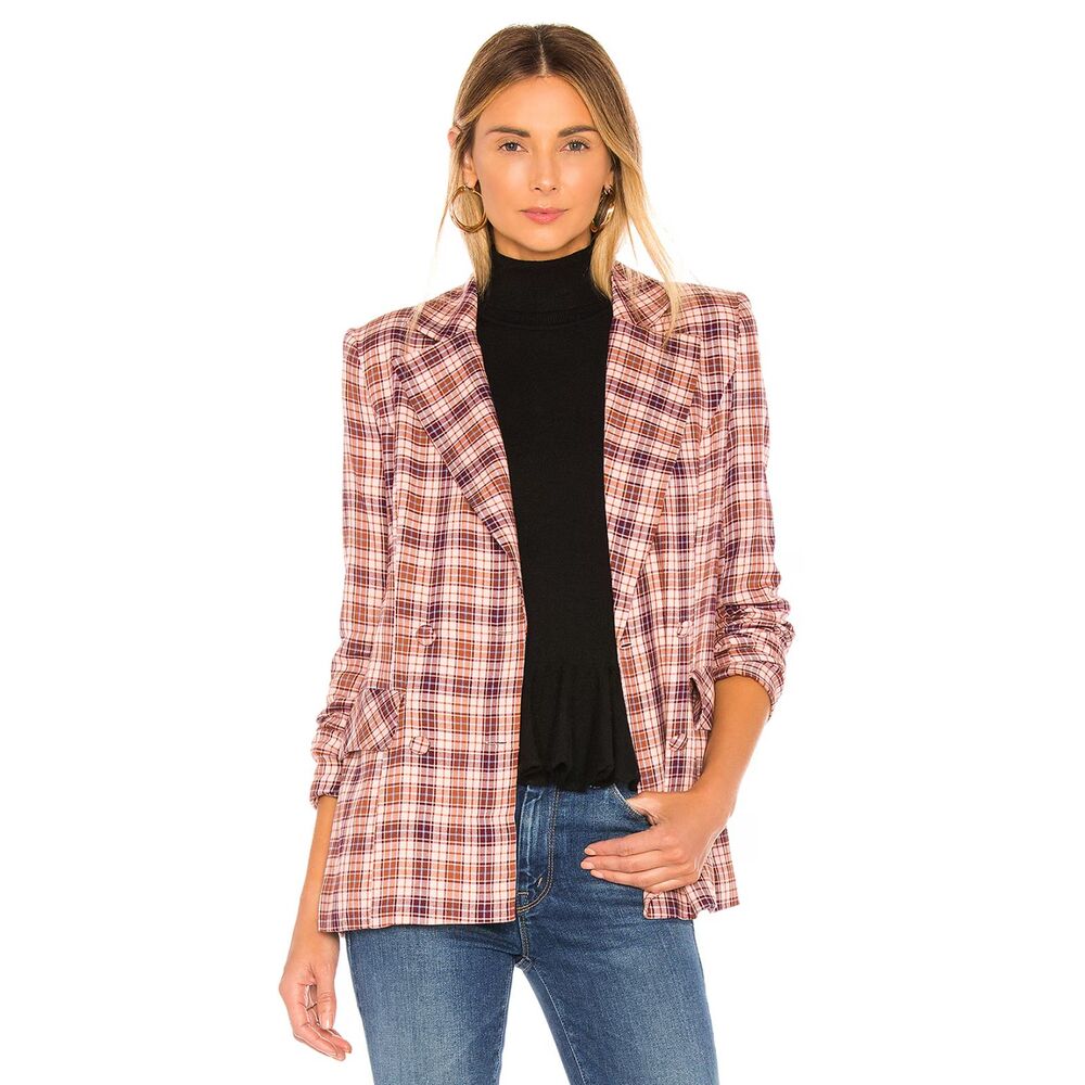 MAJORELLE Pink Burgundy Rhea Plaid Lightweight Blazer Jacket Top Size Large L